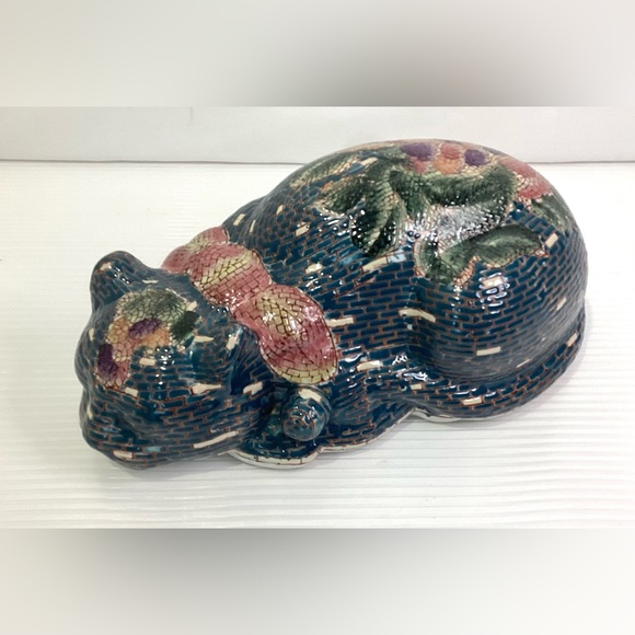 Mosaic Ceramic Japanese Sleeping Cat Sculpture Vintage - Picture 2 of 9